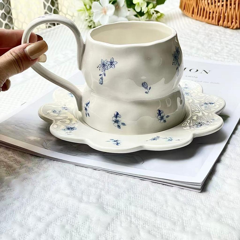 French Romantic Ins Style, Ceramic Cups and Saucers, Coffee Cups with High , Afternoon Teacups, Desserts with High Handles, Small Floral Blue Flowers.