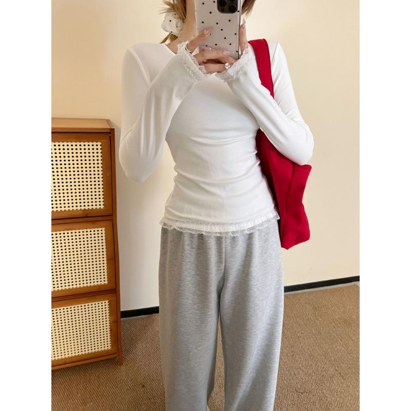 

Весна Новая Корейская Версия Кружевной Боковой Лонгслив Базовая Футболка Чистый Круглый Вырез Фея Нежная Футболка Топ XL белый