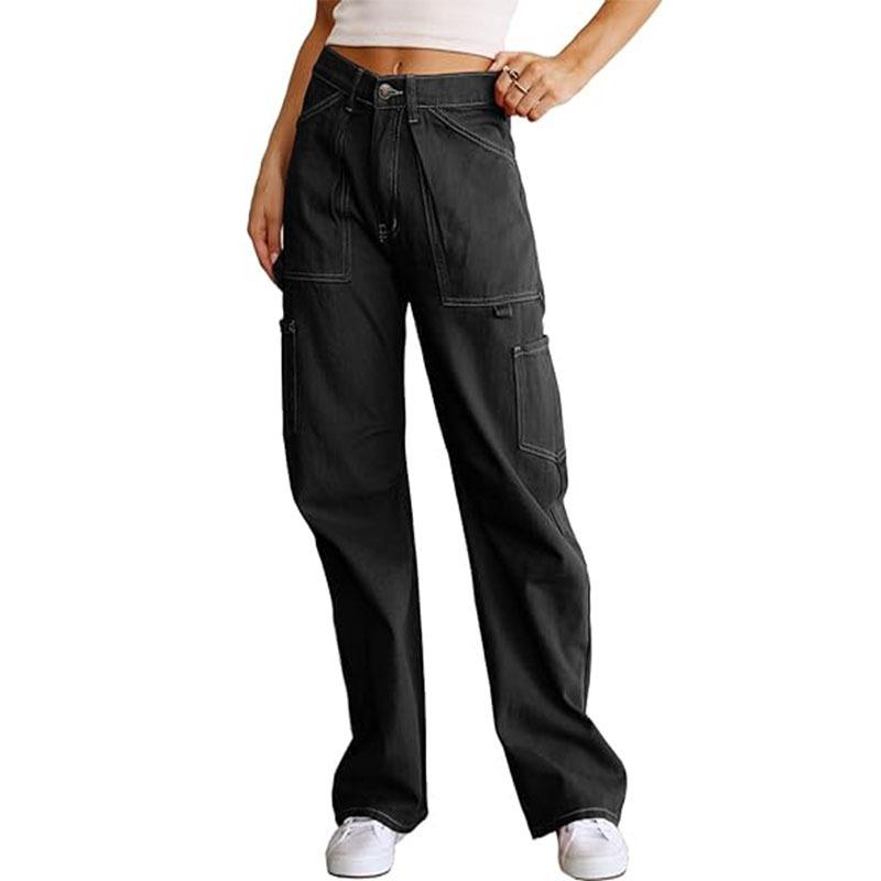 Damen lockere lässige High-Waist gerade Hosen mit sechs Taschen Cargo-Hosen