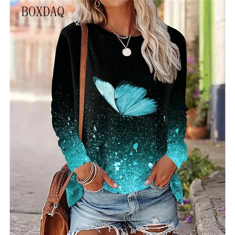 Butterfly Pattern Women Street Hip Hop T-Shirts Long Sleeve Spring Autumn 3d Tie-dye Print Fashion Ladies Tees 6XL Big Size Tops