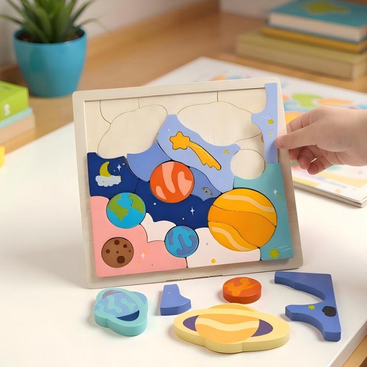 Wooden Baby Early Education Pasting Book With Planet Themes For Toddler Learning Toys