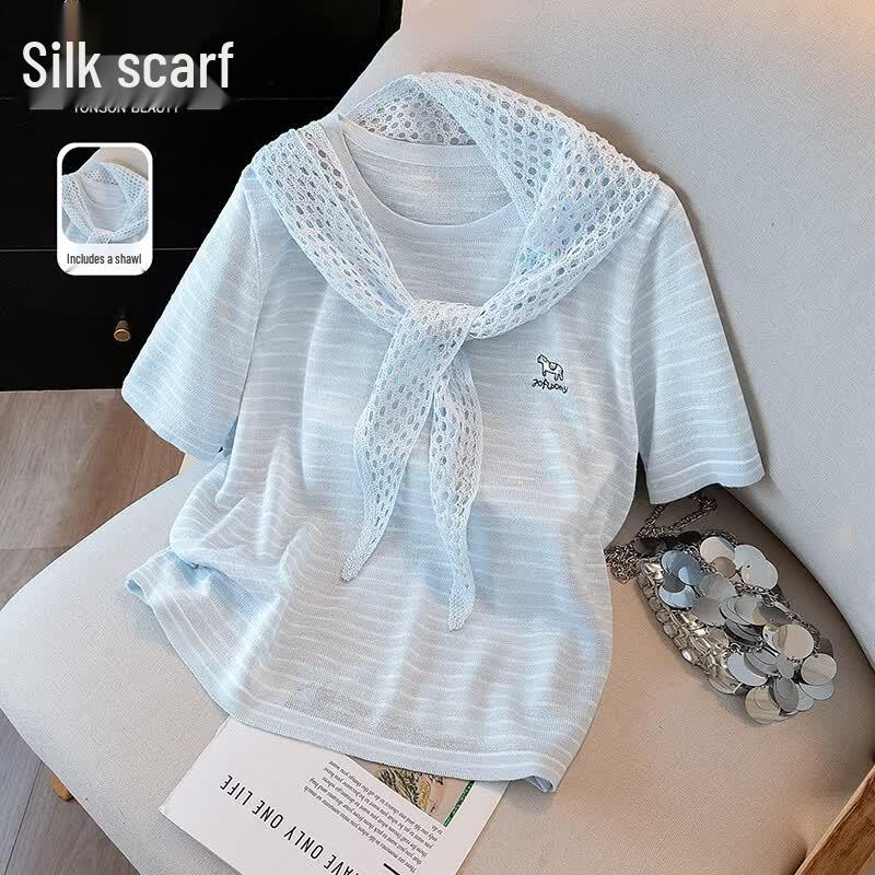 Women s Loose Fit Round Neck Striped Knit T-Shirt One Size