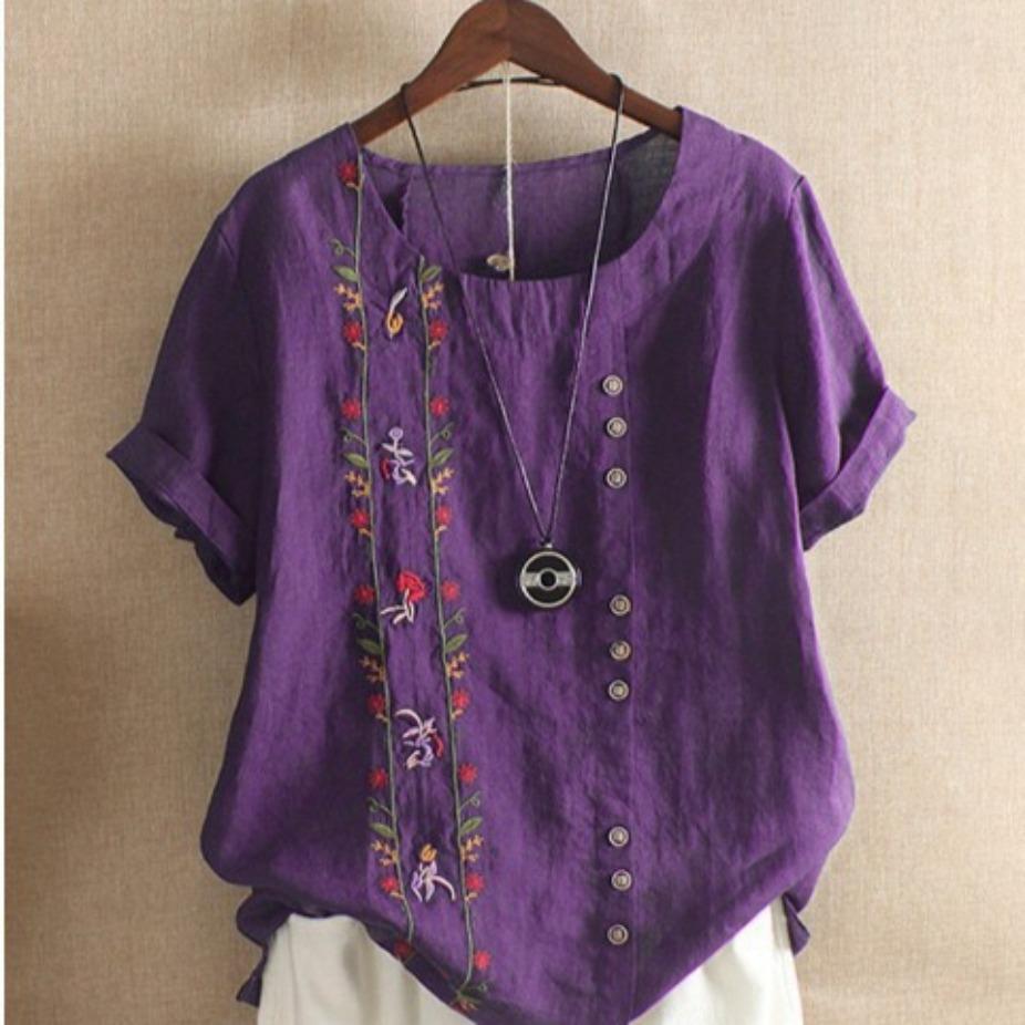 Camiseta de talla grande para mujer, blusa bordada de lino y algodón, camisetas de manga corta con botones, Top de verano, ropa para madre