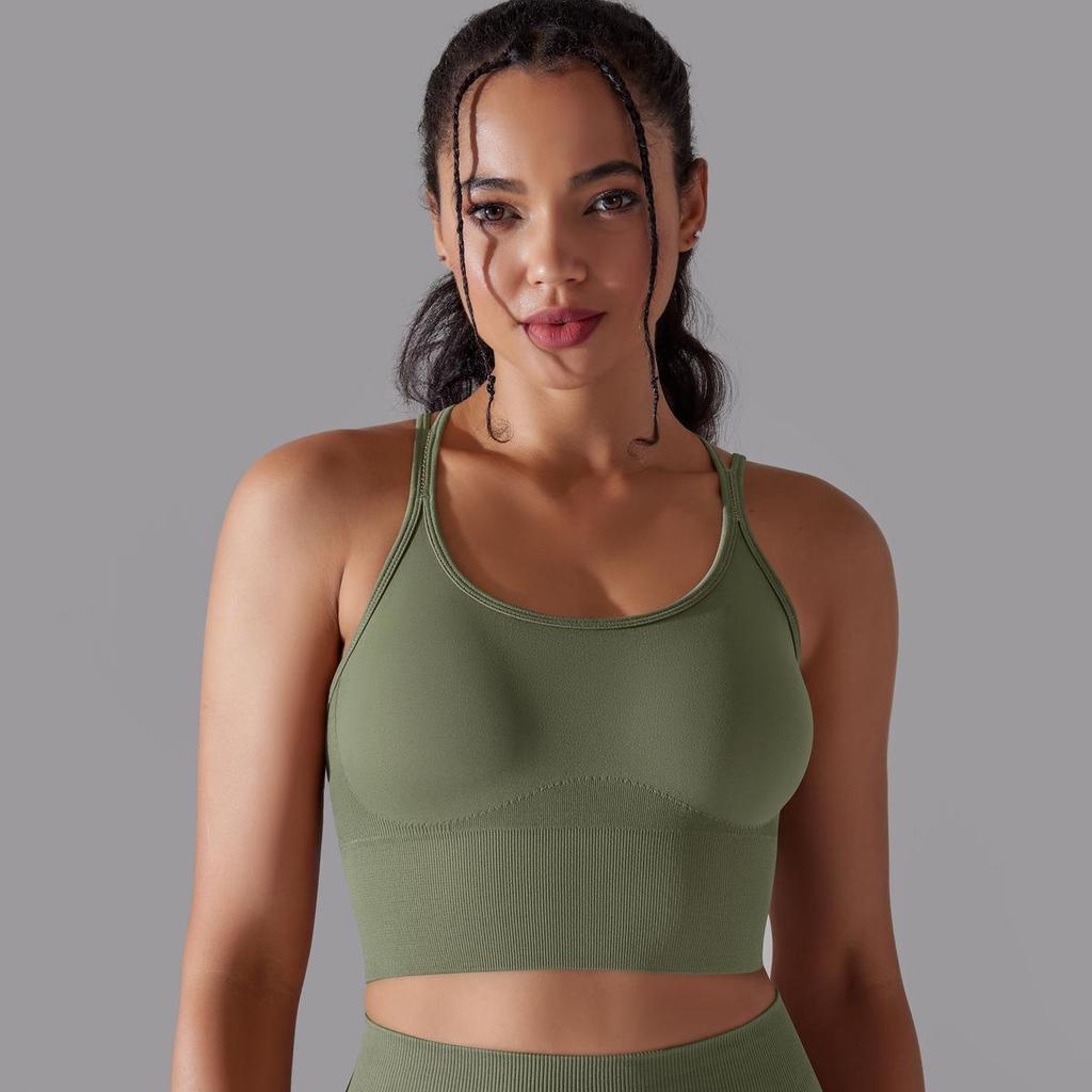 Solid Color Cross Back Sports Bra, Tight Fitting, Shock-absorbing, Gathering, High-strength Vest, Yoga And Fitness Bra For Women