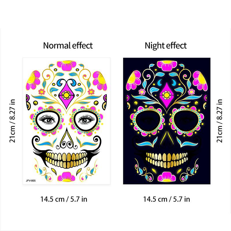 Mexico Day of the Dead Luminous Facial Tattoo Sticker Halloween Party Decoration Halloween Dress Up Day of the Dead DIY Party