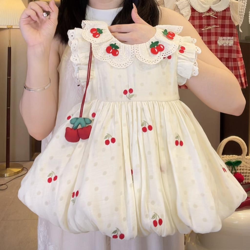 Girls Summer Tencel Cherry Floral Dress Cute Bud Sleeve Princess Dress Baby Thin Skirt
