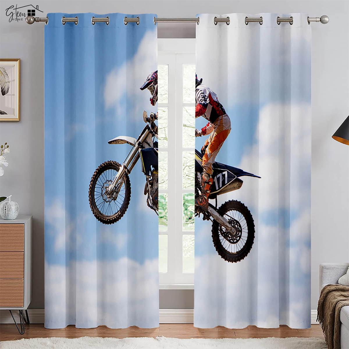 

3D Printed Cool Motorcycle Window Curtains Retro Motorcycle Industrial Style Bedchamber Living Area Balcony Car Line Decoration Curtains Q23568QQ-W50xH130(CM)x2PCS&Grommet Top