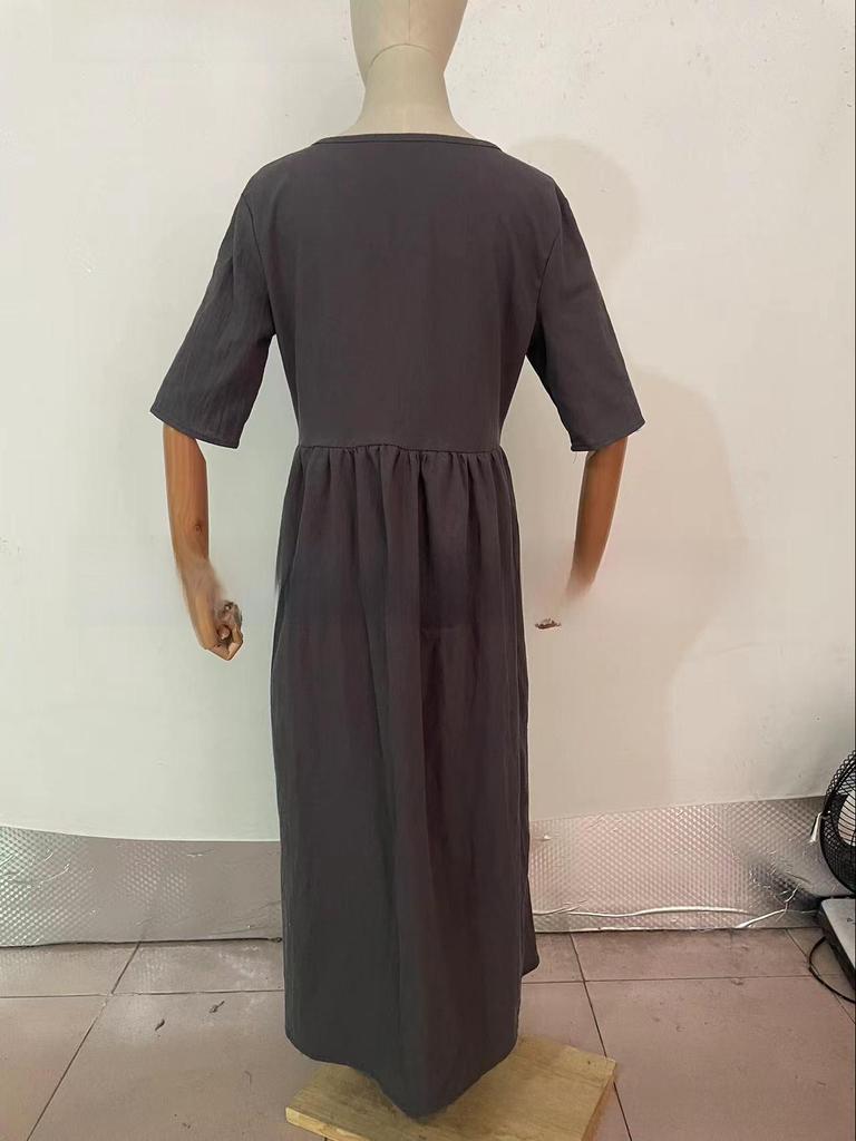 2024 Summer Cotton Linen Casual Short Sleeve Pleated Pocket Dress