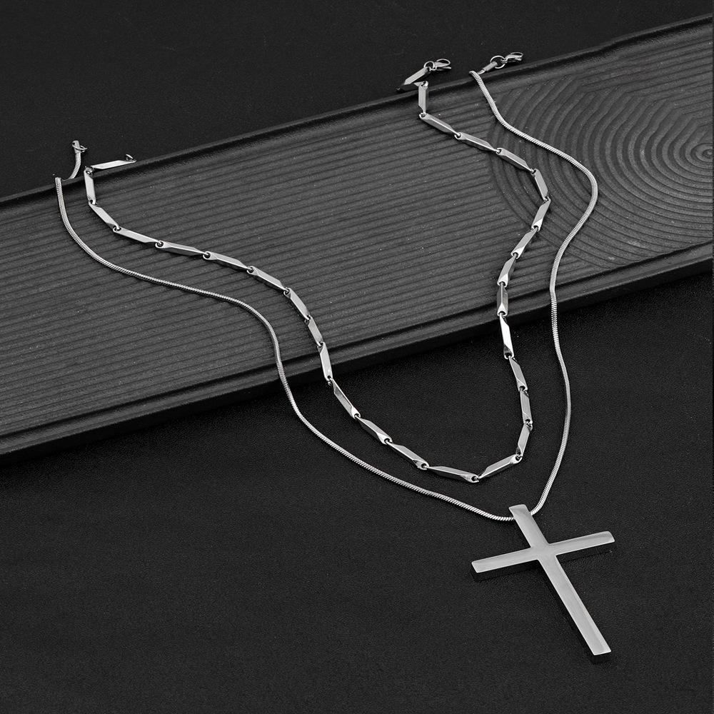 Cross Necklace for Men Fashion Simple Smooth Necklace Pendant Melon Seed Chain Stainless Steel Jewelry