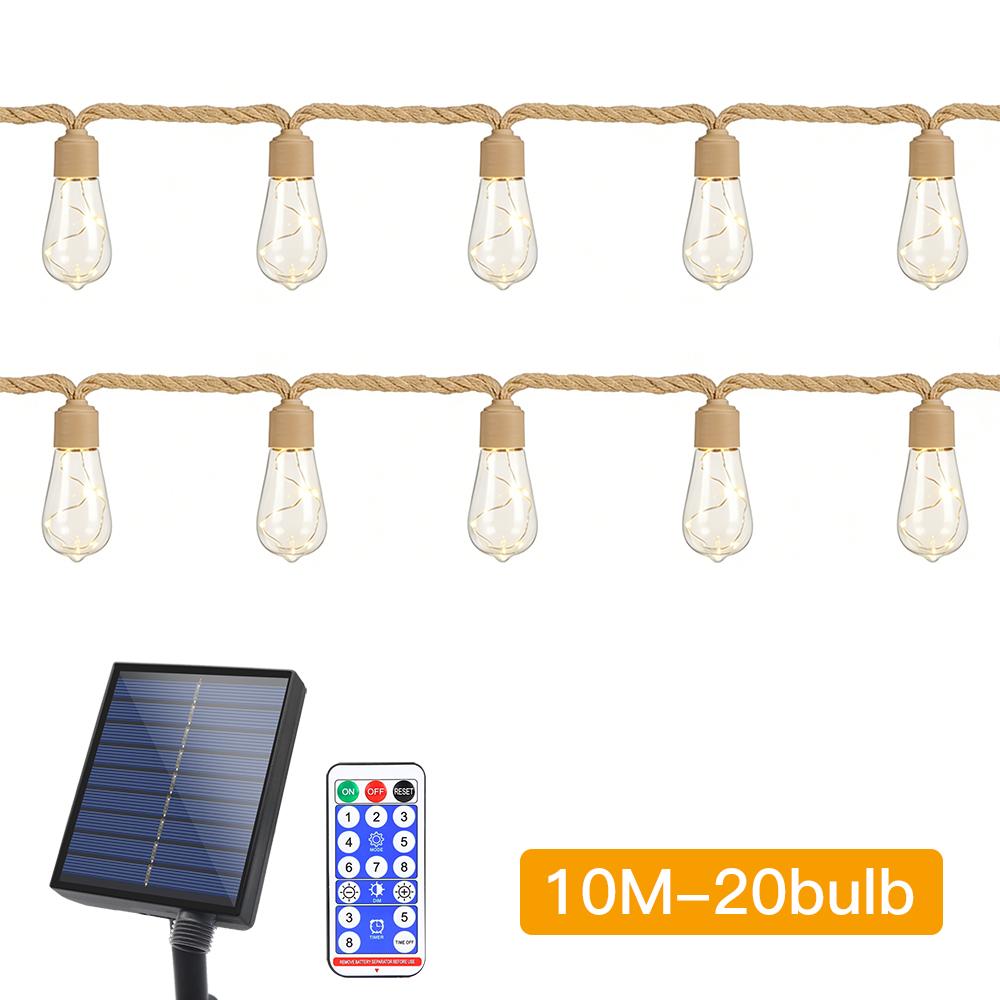 10/8/5m Solar String Light Copper Wire Light, 8-mode, Dimmable, Remote Control, Suitable for Garden Decoration, Hemp Rope Light String