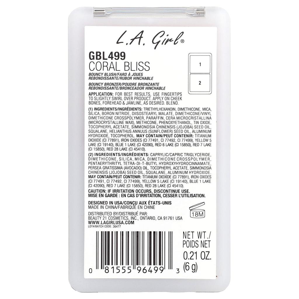 L.A. Girl, On Cloud Nine, Bouncy Blusher & Bronzer, GBL499 Coral Bliss, 6g (0.21oz)
