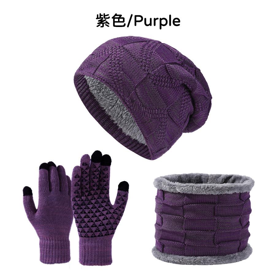 

2024 autumn and winter new hat scarf touch screen gloves three-piece set unisex ear protectors fleece knitted hat kit фіолетовий