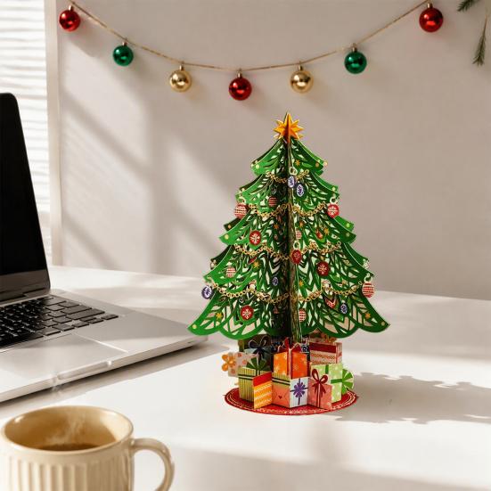 Christmas Atmosphere Home Decor 3D Puzzle Paper Tree Decoration, Holiday Desktop Ornaments Compact Xmas for Party with Star Topper And Gift