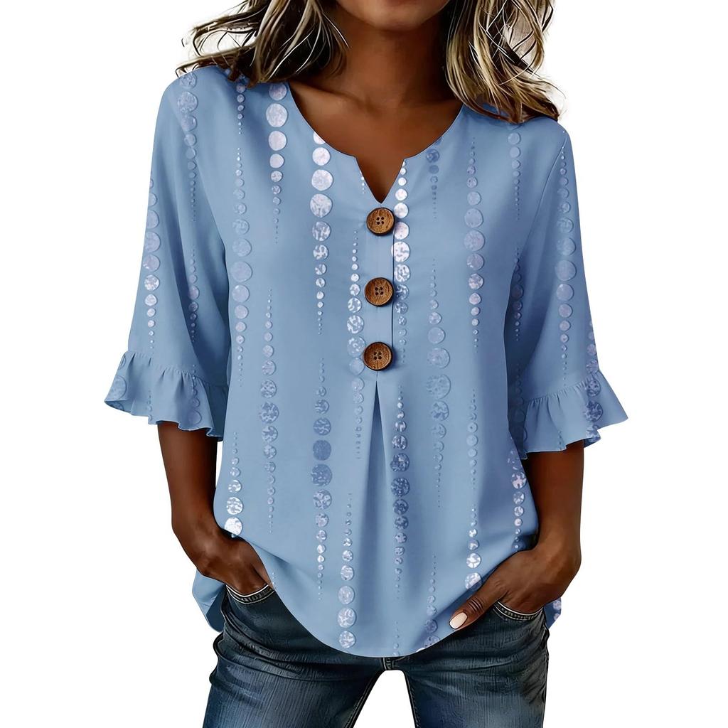 Womens V Neck Striped Print Button Loose Fit Ruffle Sleeve Blouse Casual Relaxed Fit Top for Everyday Wear