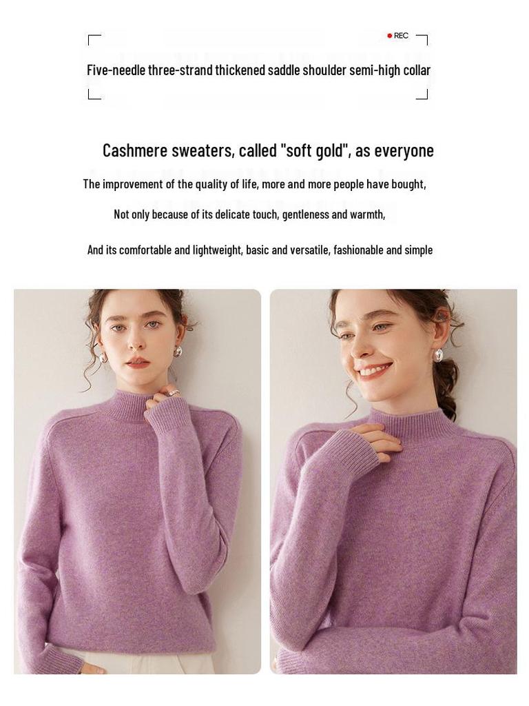 Women's Cashmere Winter Sweater - Half High Neck, Thick Knit, Saddle Shoulder, Loose Fit Pullover.