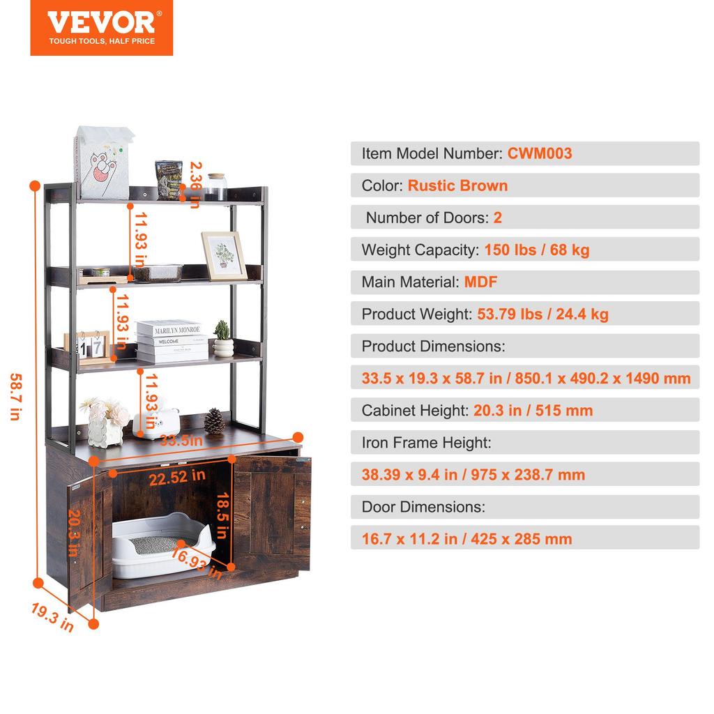 VEVOR Cat Litter Box Enclosure, Hidden Litter Box Furniture with 3 Storage Shelves, Wooden Cat Washroom Indoor