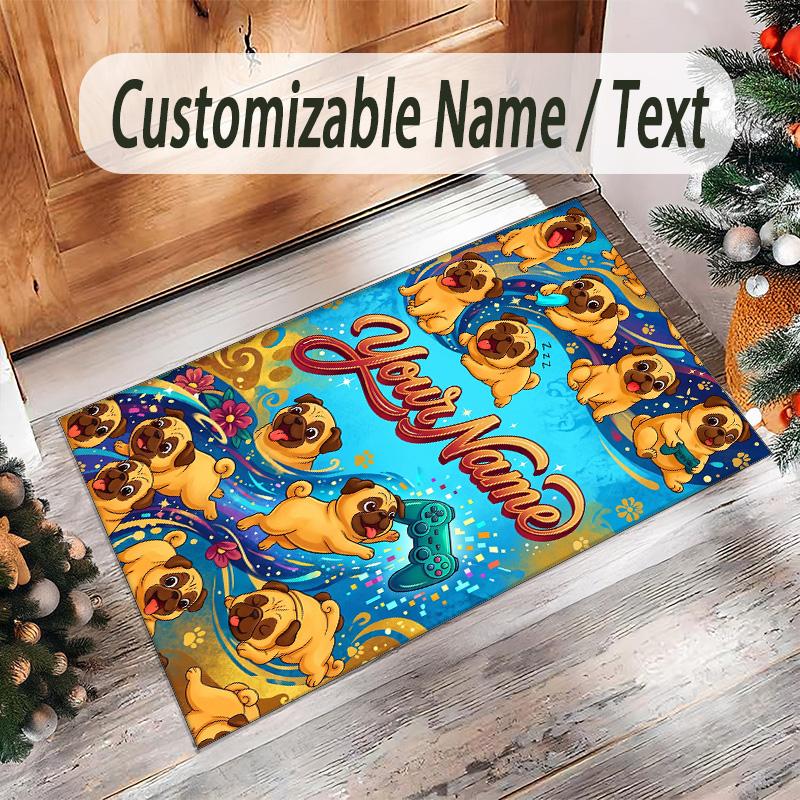 Pug Theme Crystal Velvet Floor Rug Personalized Custom Name Text Warm Carpet Home Decoration