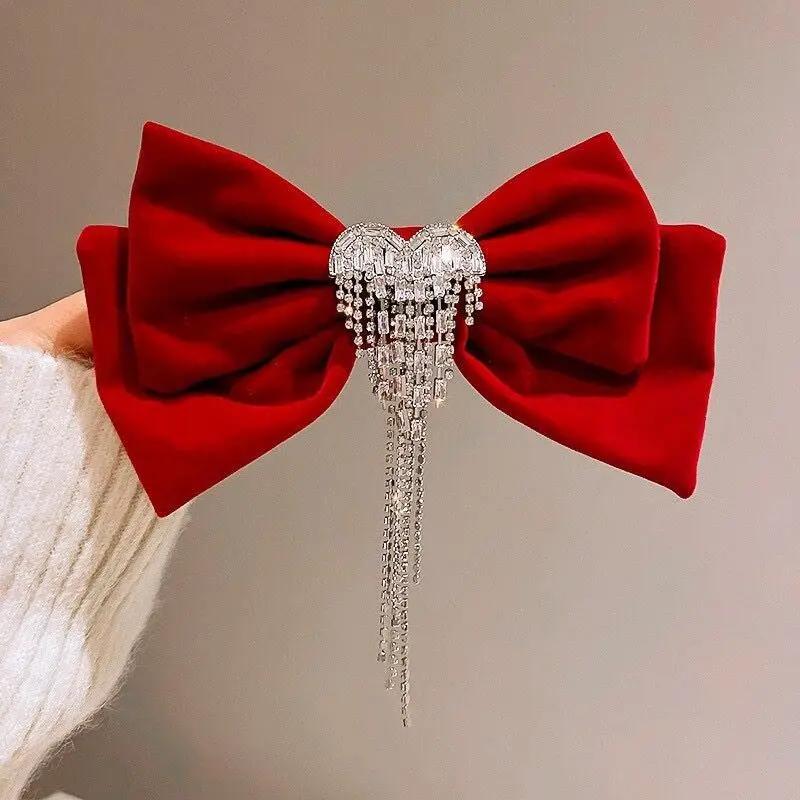 Velvet Bow Hair Clips Rhinestone Heart-shaped Tassel Hairpins Elegant Bride Wedding Headwear Girls Hair Accessories for Women