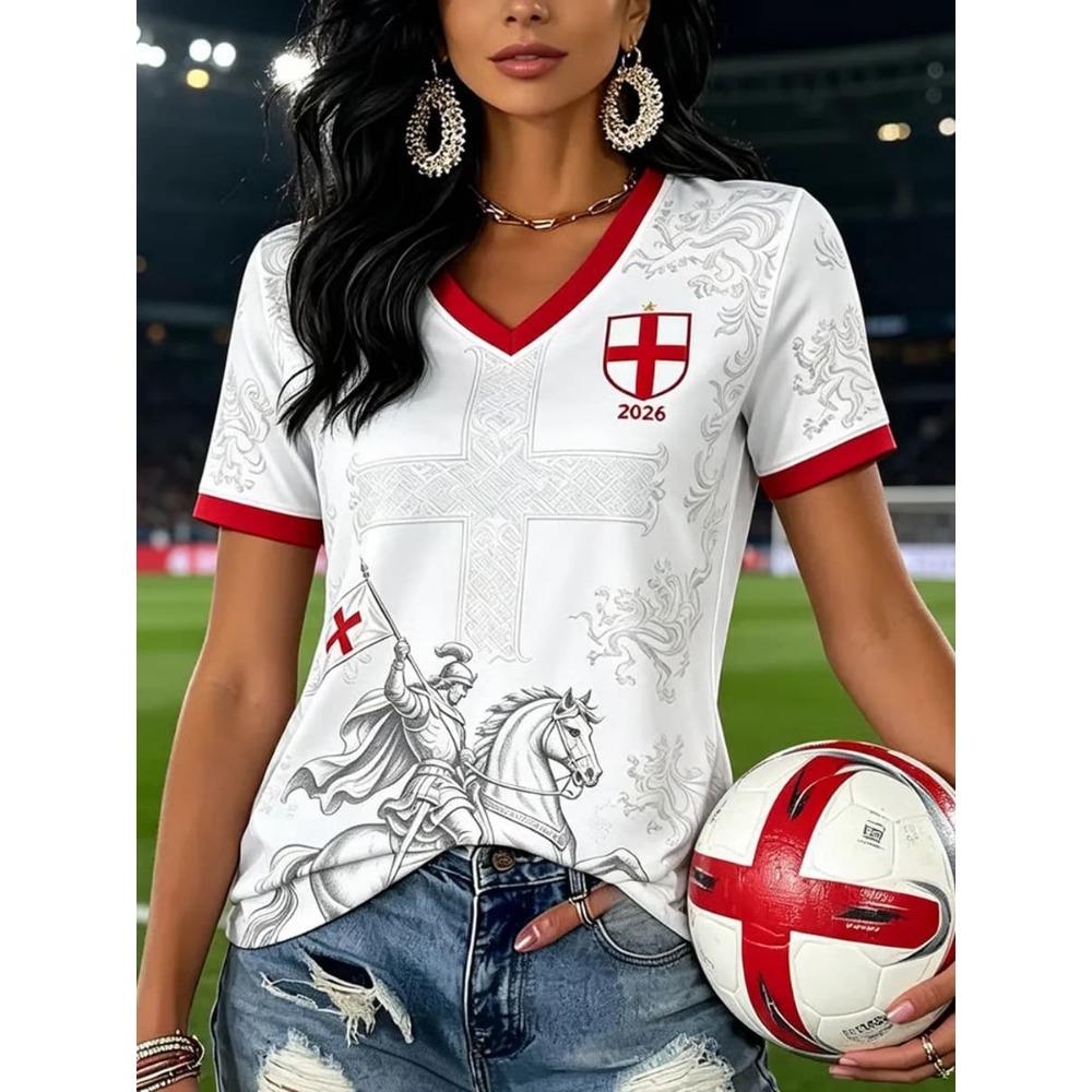 2026 New Women V Neck England Football T-Shirt Print Short Sleeve Jersey Ladies National Soccer Fan Matchday Casual Tops