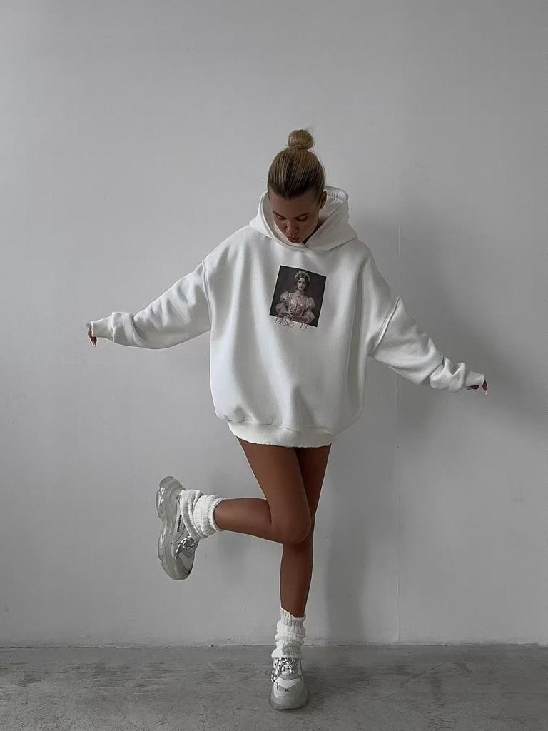 Season simple foreign style ins style lady print American thickened hooded personalized trend sweater