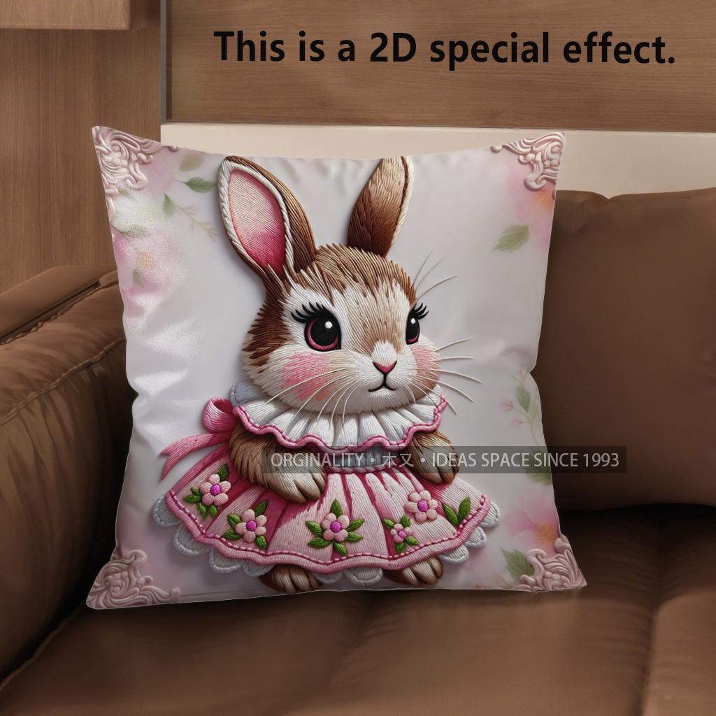 2D Cute Bunny Dressed In Pink Floral Dress Pillow Covers Pattern Cushion Cover Suitable For Sofa Bedroom Car Pillow Cover