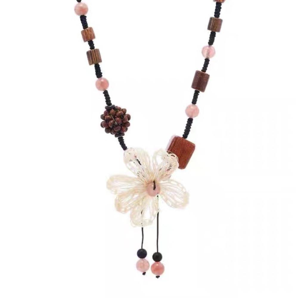 Bohemia White Hollowed-out Five-petal Flower Pendant Wooden Beads Black Rope Woven Necklace for Women Jewelry Two Ways To Wear