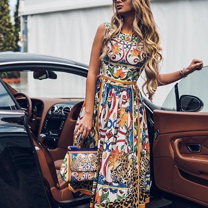 

Retro Print Women s Dress - European & American Style XXL жёлтый