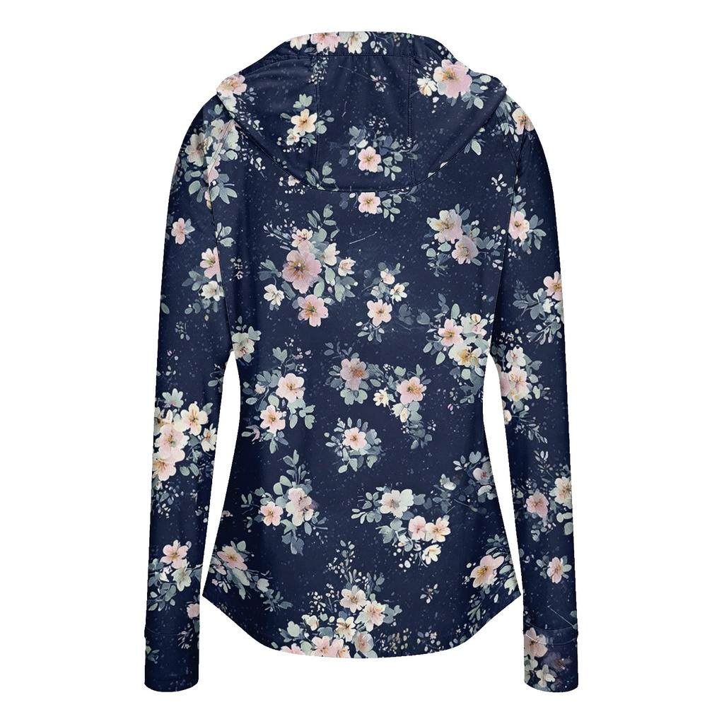 Chaqueta Ligera con Cremallera y Capucha para Mujer, Manga Larga, Estampado Floral, Protección Solar, Ropa Exterior con Bolsillos