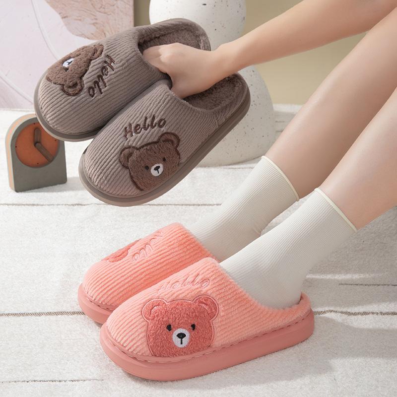 New cotton slippers cartoon bear female home indoor couple thickened and velvet home hospitality fluffy slippers male