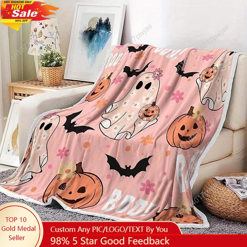 Pink Halloween Throw Blanket, Cute Spooky Ghost Pumpkin Bat Cozy Soft Blanket, Funny Pink Halloween Boo Flannel Baby Throw and B 75X95CM