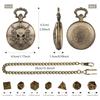 Antique Carved 3D Skull Designed Alloy Pocket Watch Case with 7pcs Metal Polyhedral Table Game Dice with 38cm Waist Chain Gifts