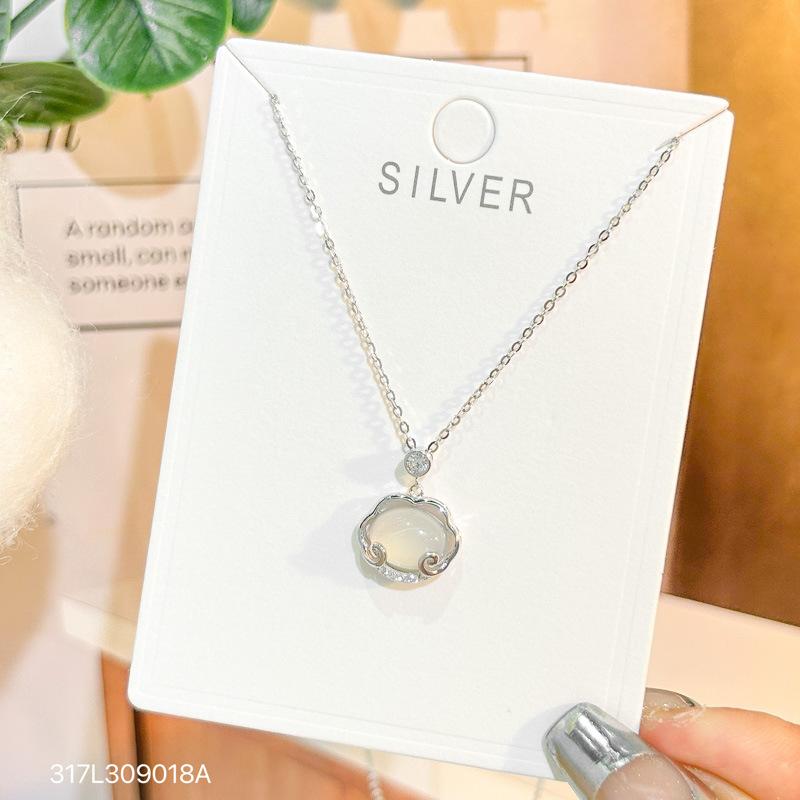 S925 Sterling Silver Necklace Female Ping An Lock Chalcedon Chain Chain