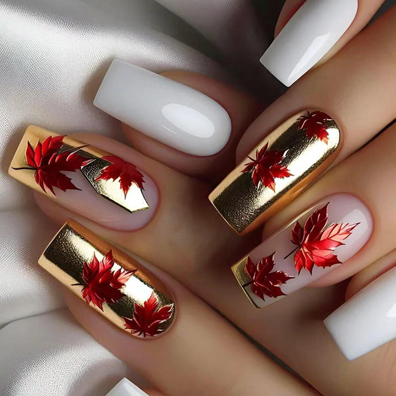 

24 шт. накладные ногти в виде кленовых листьев осень-зима акриловые ногти средние квадратные полное покрытие накладные ногти осень пресс-накладные ногти