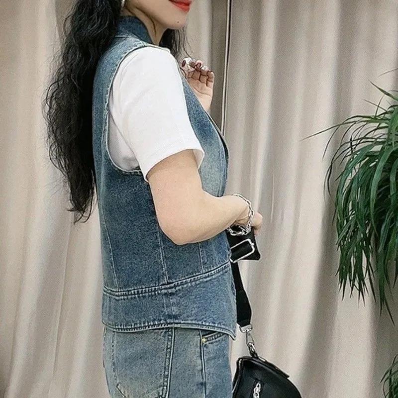 Women's Jacket Spring and Autumn Fashion Sleeveless Versatile Ladies Denim Vest Coat Short Elegant Female Tank Top