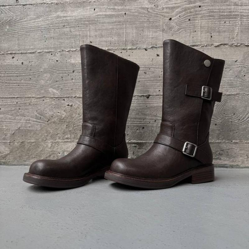 Autumn and winter leather women's boots solid color sleeve middle heel round head large tube circumference versatile large size leather boots medium 