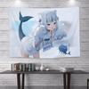 Kawaii Anime Girl Peeking Tapestry  Light Blue Wall Hanging with Cute Chibi Cat Ideal for Pastel Otaku Bedroom Decor