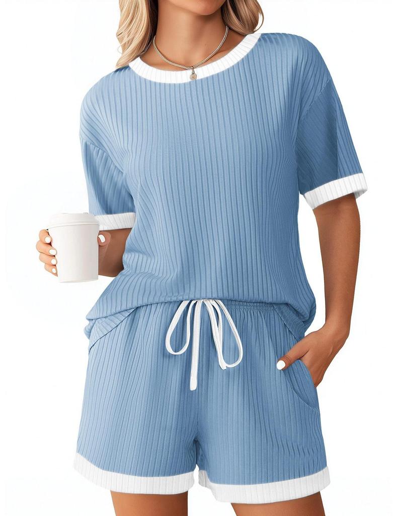 Women's Ribbed Short Sleeve Top and Shorts Set, Casual Loungewear with Contrast Trim, Multiple Color Options
