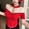 Summer New Sexy Pure Desire Style Metal Buckle Short-sleeved T-shirt Spice Girl One-word Shoulder with Neck Short Top
