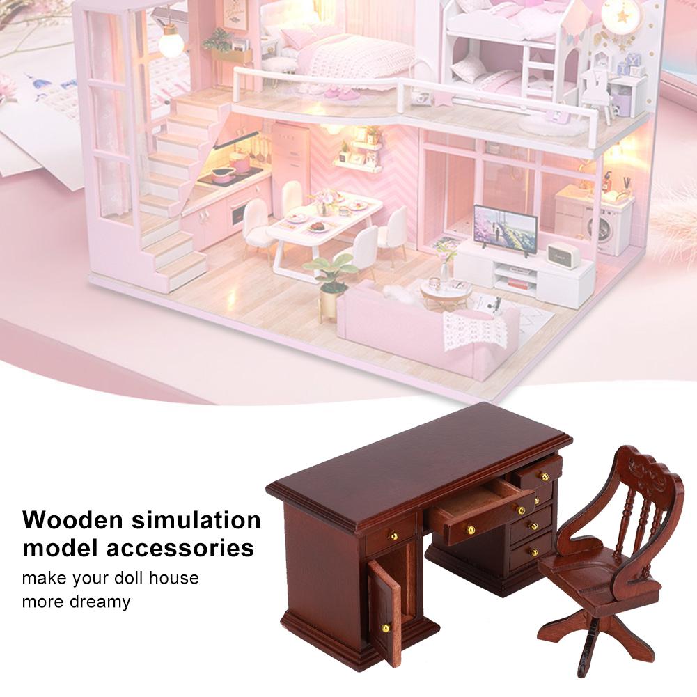 1:12 Mini Furniture Model Wooden Desk Chair Children"s Study Decoration Doll House AccessoriesDesk