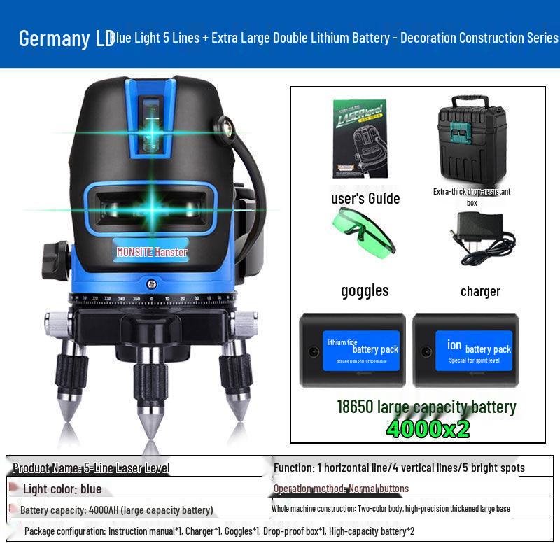 High Precision Outdoor Laser Level with Automatic 2, 3, or 5 Green/Blue Light Lines