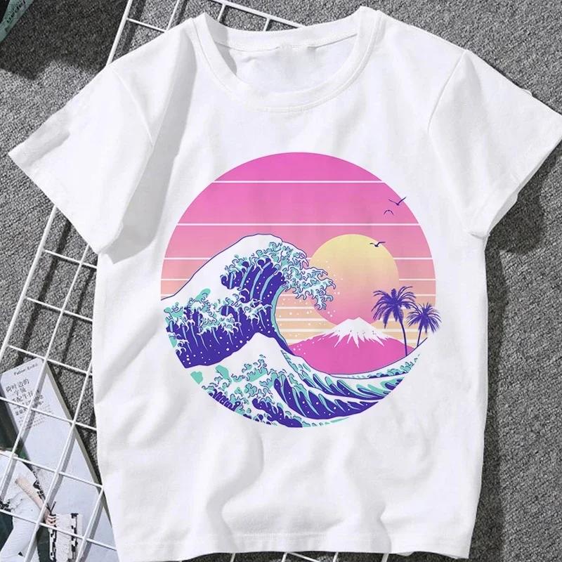 This Stylish Women's Summer T-shirt Features A Whale and Wave Print, in A Trendy Japanese Harajuku Style.Summer Streetwear Y2K