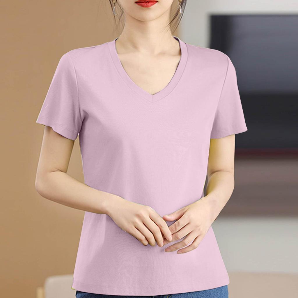 Women's Solid Color Casual V-neck Sim Ple Short-sleeved T-shirt Female Top