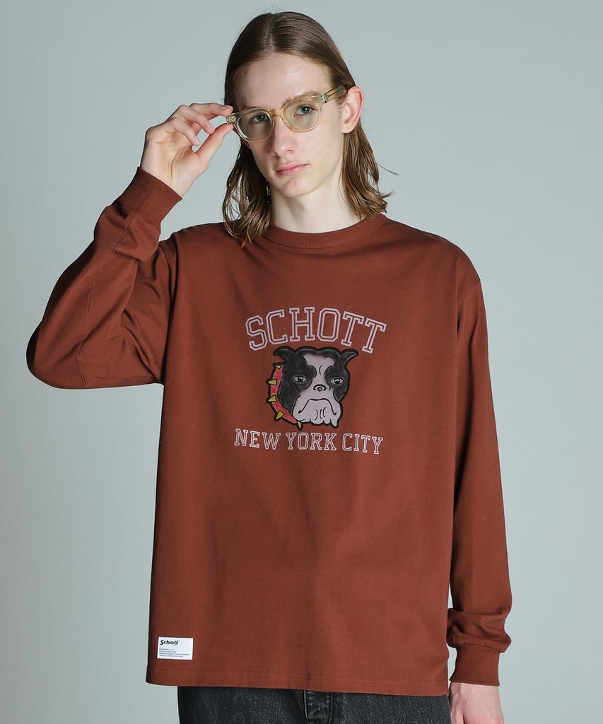 Schott Color Flocky Bulldog Long Sleeve T-Shirt, Men's, Size XL, 050, Brown, 782-4230013