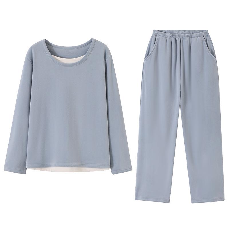 Island Fleece Pajamas Women'S Autumn And Winter Coral Fleece Thin Fleece Long-Sleeved Casual Fake Two-Piece Set Head Loungewear Set