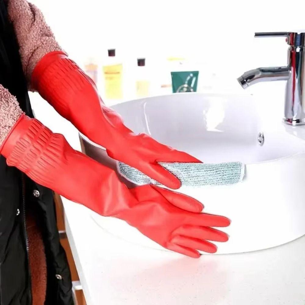 Velvet Lining Rubber Cleaning Gloves 30/38/45cm Oil Resistant Mitts  Car Washing
