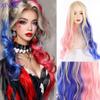 XIYUE Synthetic Long Wavy Rainbow Ombre Blonde Blue Red Wig with Bangs Lolita Cosplay Fluffy Women Hair Wig for Daily Party