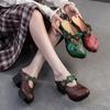 Johnature Etnische Stijl Dikke Hak Ronde Neus Buitenslippers Retro Bedrukt Echt Leer Dames Schoenen