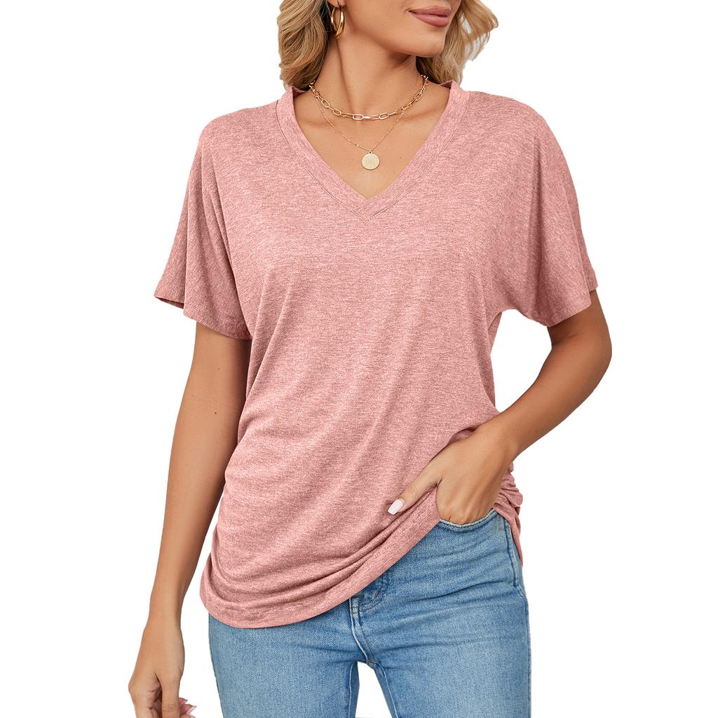 HNXC Women's Fashion Casual Summer Solid Color Print Short Sleeve V-Neck Blouses & Shirts