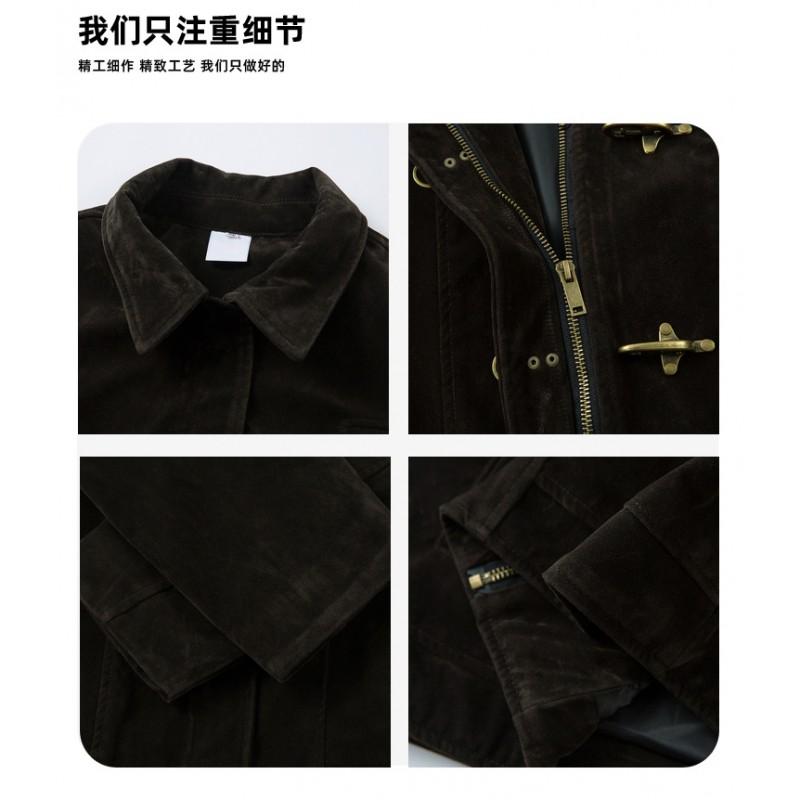 Unisex Vintage Suede-Style Cropped Jacket With Patchwork Detail Loose Fit Outerwear