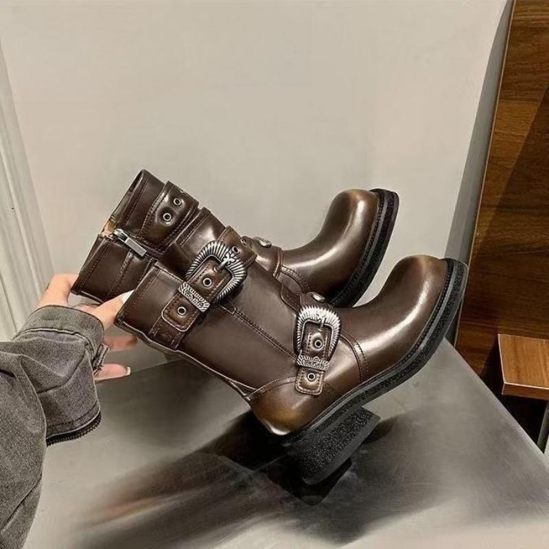 Middle Heel Square Toe Ladies Mid Calf Shoes Spring Autumn Leather Women's Half High Boots New In Trend 2025 Boot On Promotion